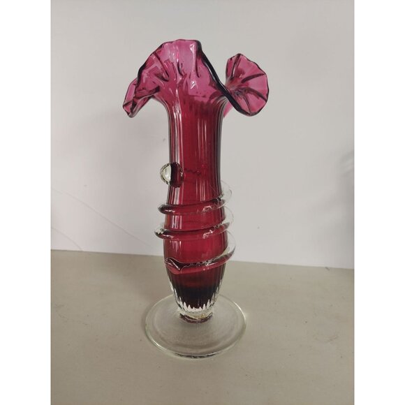 Antique Ribbed Cranberry Glass Vase w/ Applied Rigaree Ruffled Edge - Picture 2 of 4